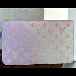 Sunrise Pastel clutch pouch bag from Neverful tote. Monogram pink purple canvas